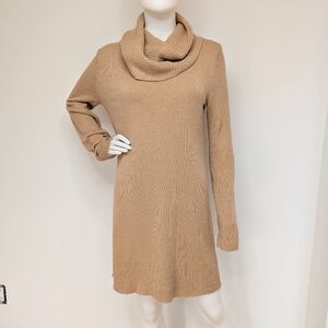Warm Caramel Tan Cowl Neck Sweater Dress